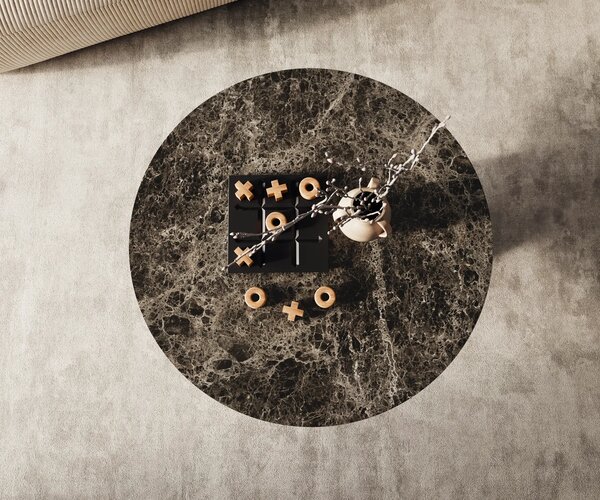 DELIFE Konferenčný stolík Edge okrúhly 90x90 cm keramika Laminam® Emperador Extra Lucidato tmavohnedá Parabi kov čierna