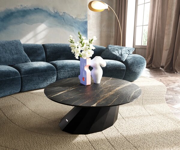 DELIFE Konferenčný stolík Edge okrúhly 90x90 cm keramika Laminam® Noir Desir hnedá Parabi kov čierna
