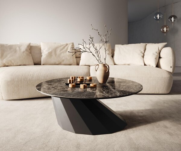 DELIFE Konferenčný stolík Edge okrúhly 90x90 cm keramika Laminam® Emperador Extra Lucidato tmavohnedá Parabi kov čierna