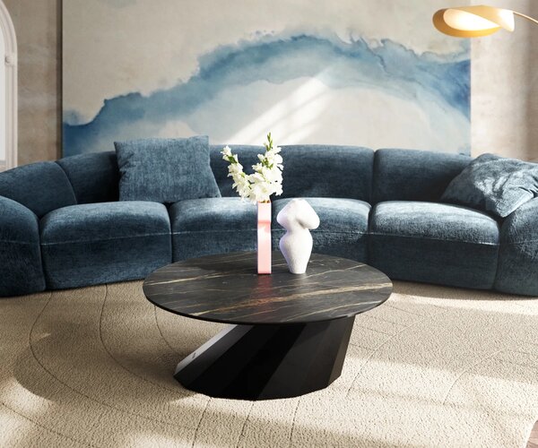 DELIFE Konferenčný stolík Edge okrúhly 90x90 cm keramika Laminam® Noir Desir hnedá Parabi kov čierna