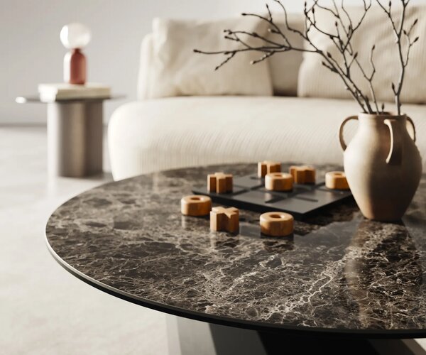 DELIFE Konferenčný stolík Edge okrúhly 90x90 cm keramika Laminam® Emperador Extra Lucidato tmavohnedá Parabi kov čierna