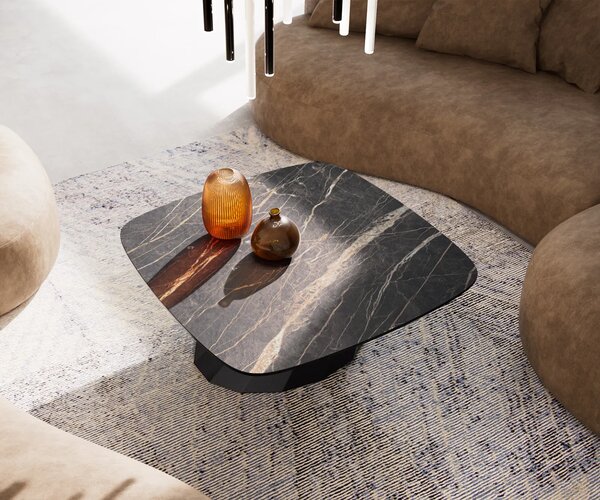 DELIFE Konferenčný stolík Edge zaoblený 90x90 cm keramika Laminam® Noir Desir hnedá Parabi kov čierna