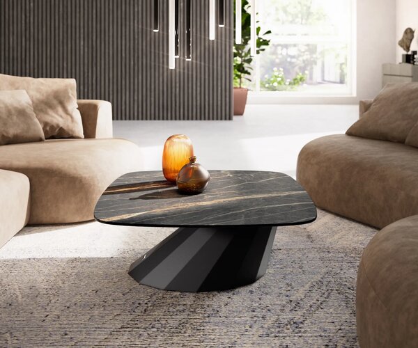 DELIFE Konferenčný stolík Edge zaoblený 90x90 cm keramika Laminam® Noir Desir hnedá Parabi kov čierna