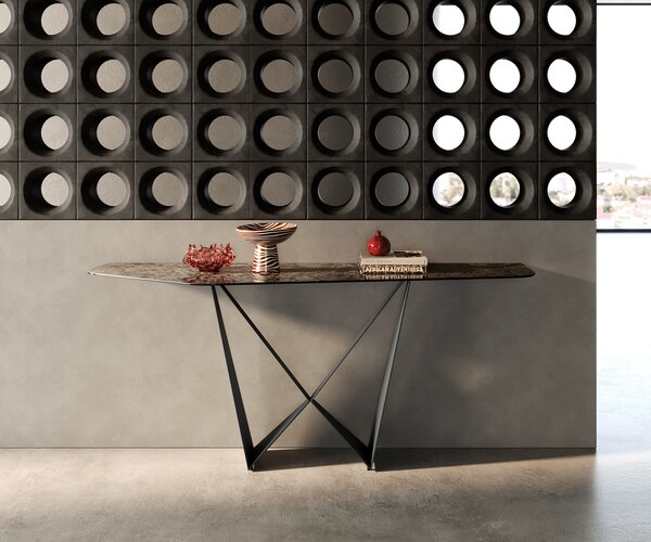 DELIFE Konzolový stolík Edge polygonálny 180×50 cm keramika Emperador Extra Lucidato tmavohnedá Spios kov čierna