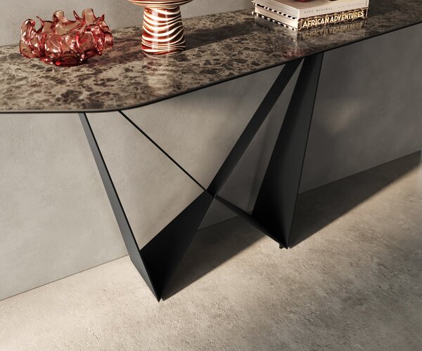 DELIFE Konzolový stolík Edge polygonálny 180×50 cm keramika Emperador Extra Lucidato tmavohnedá Spios kov čierna