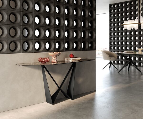 DELIFE Konzolový stolík Edge polygonálny 180×50 cm keramika Emperador Extra Lucidato tmavohnedá Spios kov čierna