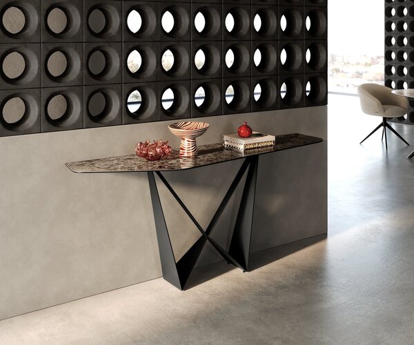 DELIFE Konzolový stolík Edge polygonálny 180×50 cm keramika Emperador Extra Lucidato tmavohnedá Spios kov čierna
