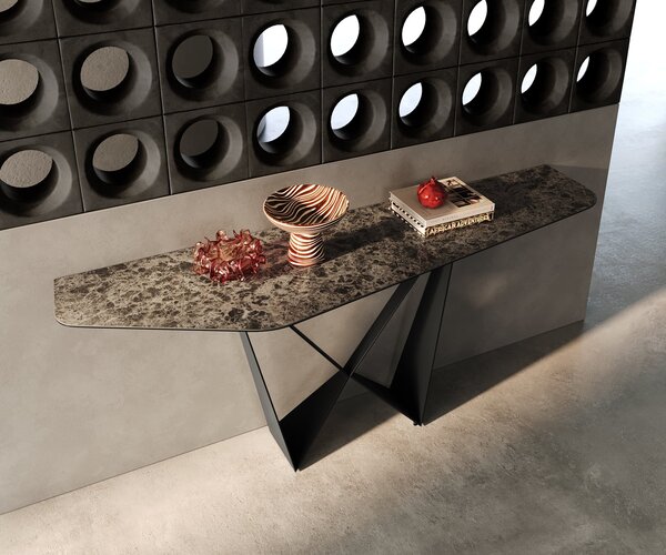 DELIFE Konzolový stolík Edge polygonálny 180×50 cm keramika Emperador Extra Lucidato tmavohnedá Spios kov čierna