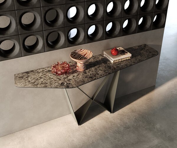 DELIFE Konzolový stolík Edge polygonálny 180×50 cm keramika Emperador Extra Lucidato tmavohnedá Spios kov titánová farba
