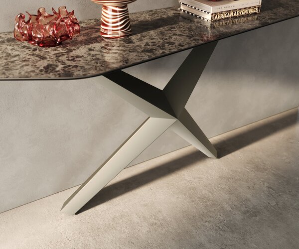 DELIFE Konzolový stolík Edge polygonálny 180×50 cm keramika emperador extra leštená tmavohnedá Zentharo kov titánová farba