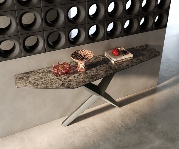 DELIFE Konzolový stolík Edge polygonálny 180×50 cm keramika emperador extra leštená tmavohnedá Zentharo kov titánová farba