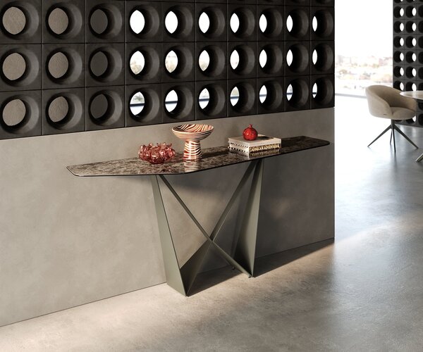 DELIFE Konzolový stolík Edge polygonálny 180×50 cm keramika Emperador Extra Lucidato tmavohnedá Spios kov titánová farba