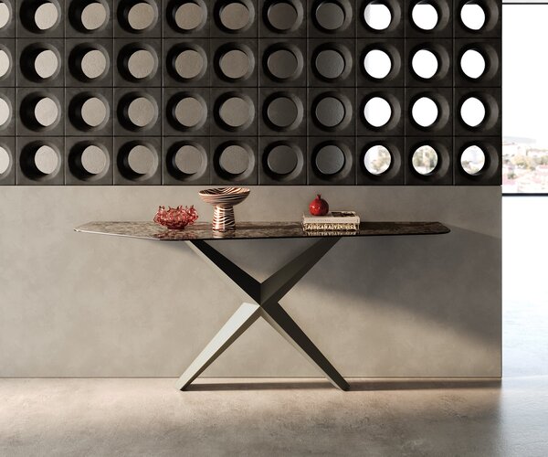 DELIFE Konzolový stolík Edge polygonálny 180×50 cm keramika emperador extra leštená tmavohnedá Zentharo kov titánová farba
