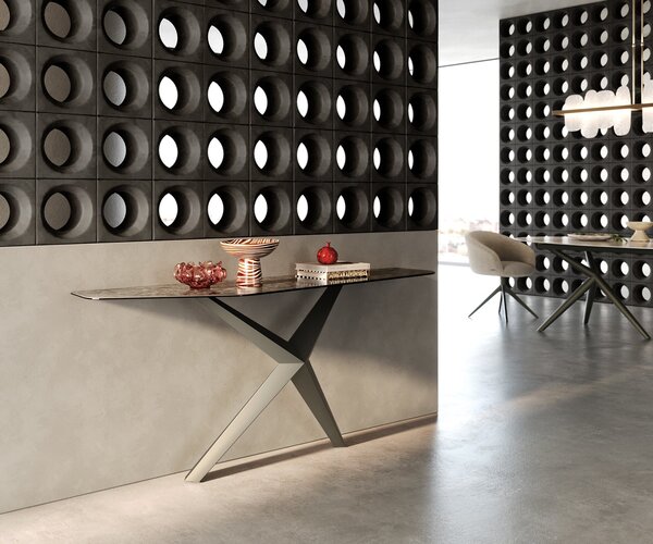 DELIFE Konzolový stolík Edge polygonálny 180×50 cm keramika emperador extra leštená tmavohnedá Zentharo kov titánová farba