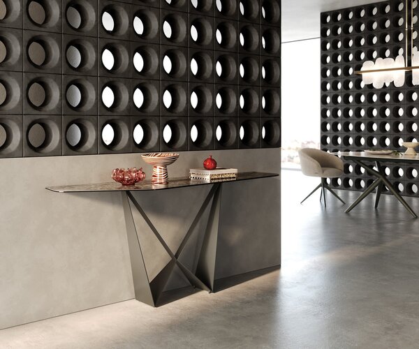 DELIFE Konzolový stolík Edge polygonálny 180×50 cm keramika Emperador Extra Lucidato tmavohnedá Spios kov titánová farba