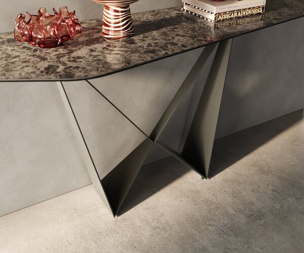 DELIFE Konzolový stolík Edge polygonálny 180×50 cm keramika Emperador Extra Lucidato tmavohnedá Spios kov titánová farba