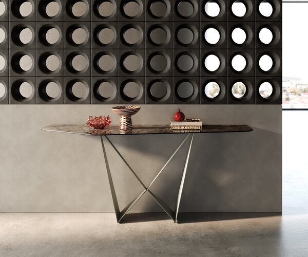 DELIFE Konzolový stolík Edge polygonálny 180×50 cm keramika Emperador Extra Lucidato tmavohnedá Spios kov titánová farba