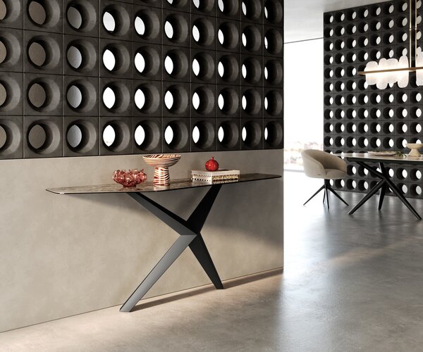 DELIFE Konzolový stolík Edge polygonálny 180×50 cm keramika Emperador Extra Lucidato tmavohnedá Zentharo kov čierna
