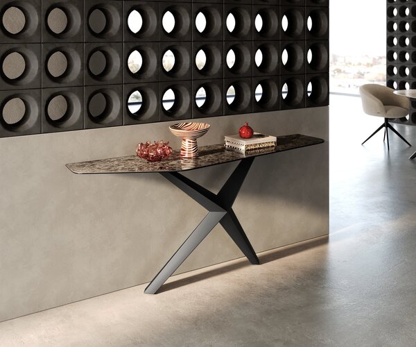 DELIFE Konzolový stolík Edge polygonálny 180×50 cm keramika Emperador Extra Lucidato tmavohnedá Zentharo kov čierna