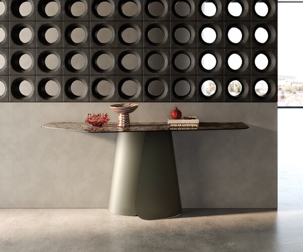 DELIFE Konzolový stolík Edge polygonálny 180×50 cm keramika emperador extra leštená tmavohnedá Livos kov titánová farba