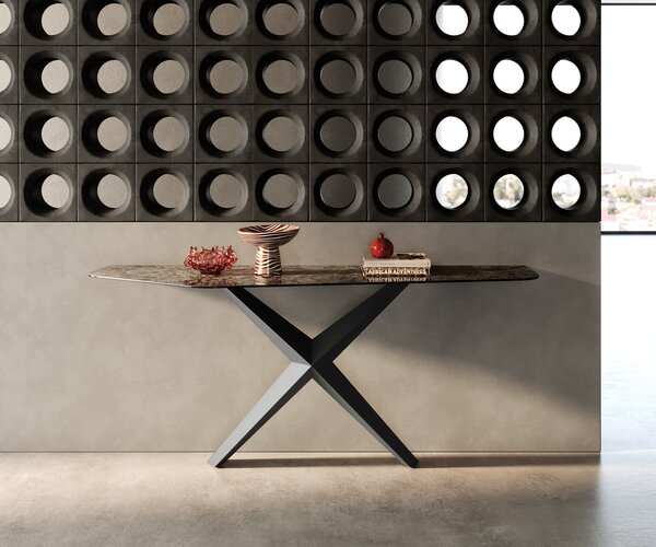 DELIFE Konzolový stolík Edge polygonálny 180×50 cm keramika Emperador Extra Lucidato tmavohnedá Zentharo kov čierna