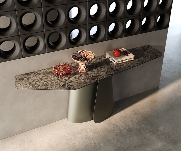 DELIFE Konzolový stolík Edge polygonálny 180×50 cm keramika emperador extra leštená tmavohnedá Livos kov titánová farba