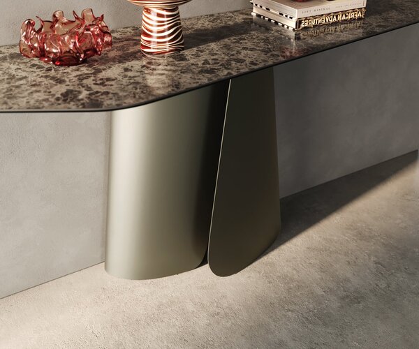 DELIFE Konzolový stolík Edge polygonálny 180×50 cm keramika emperador extra leštená tmavohnedá Livos kov titánová farba