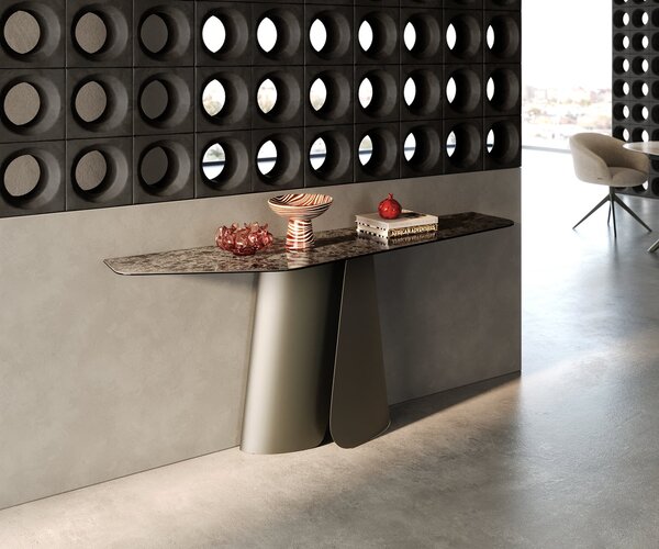 DELIFE Konzolový stolík Edge polygonálny 180×50 cm keramika emperador extra leštená tmavohnedá Livos kov titánová farba
