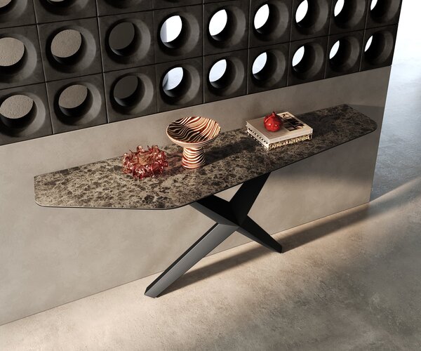 DELIFE Konzolový stolík Edge polygonálny 180×50 cm keramika Emperador Extra Lucidato tmavohnedá Zentharo kov čierna