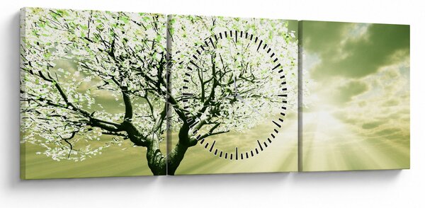 Obraz kvitnúceho stromu (s hodinami) (90x30 cm)