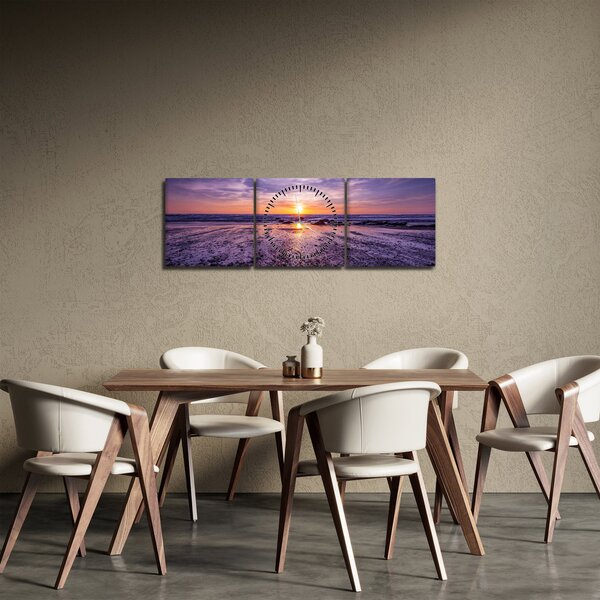 Obraz pláže - západ slnka (s hodinami) (90x30 cm)