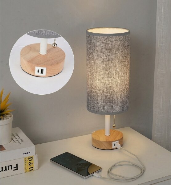 Brilagi - Stolná lampa s USB portom TABLON 1xE27/25W/230V dub/biela/šedá