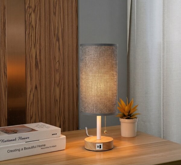 Brilagi - Stolná lampa s USB portom TABLON 1xE27/25W/230V dub/biela/šedá