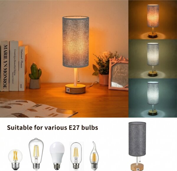 Brilagi - Stolná lampa s USB portom TABLON 1xE27/25W/230V dub/biela/šedá
