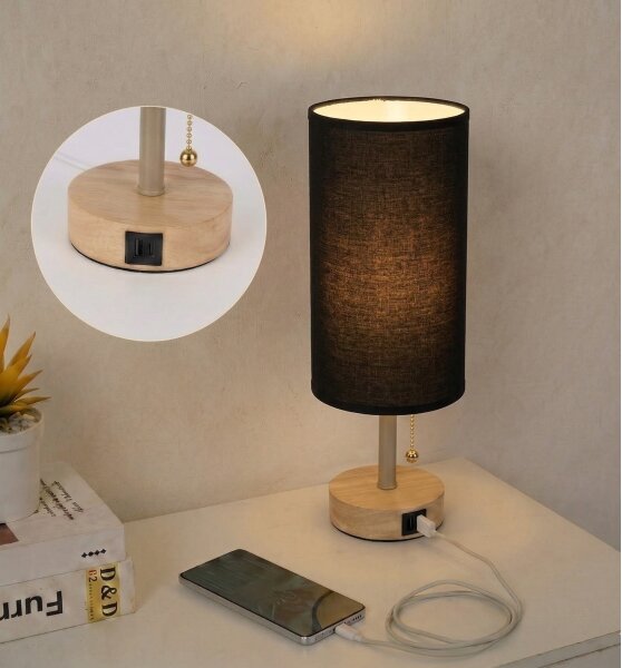 Brilagi - Stolová lampa s USB portom TABLON 1xE27/25W/230V dub/béžová/čierna