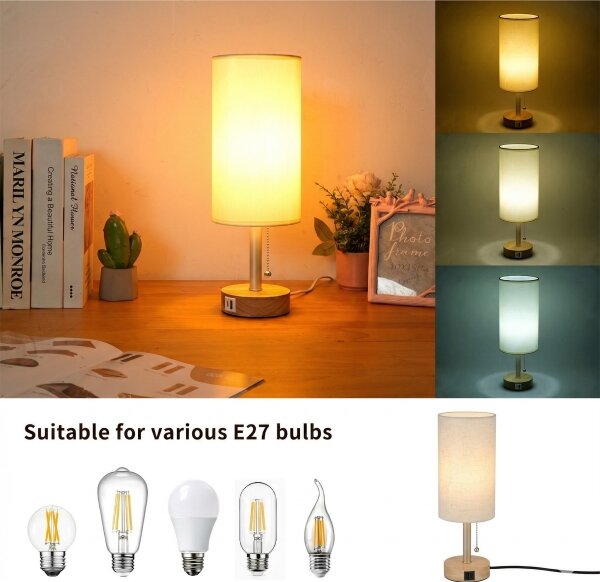 Brilagi - Stolová lampa s USB portom TABLON 1xE27/25W/230V dub/béžová/krémová