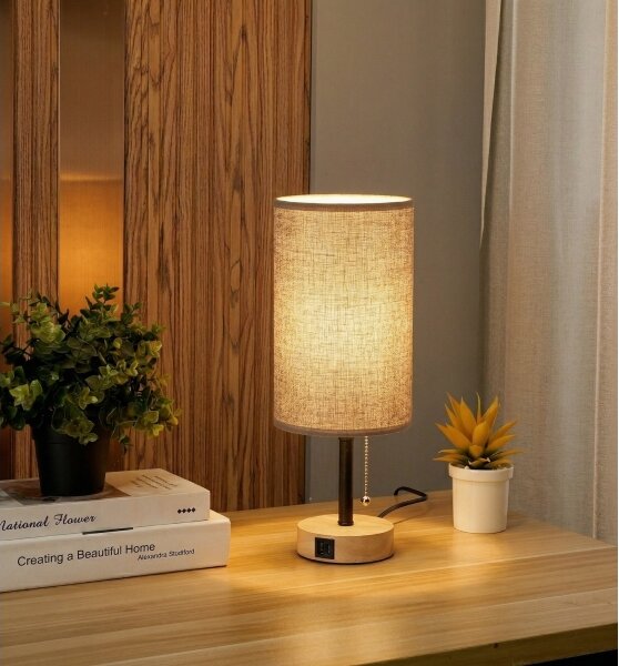 Brilagi - Stolná lampa s USB portom TABLON 1xE27/25W/230V dub/čierna/sivá