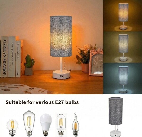 Brilagi - Stolná lampa s USB portom TABLON 1xE27/25W/230V biela/sivá