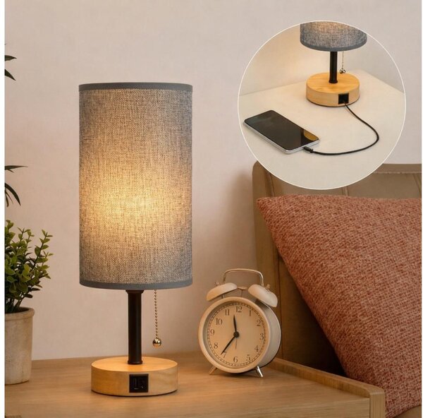 Brilagi - Stolná lampa s USB portom TABLON 1xE27/25W/230V dub/čierna/sivá
