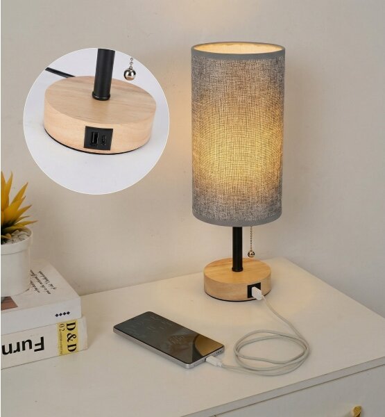 Brilagi - Stolná lampa s USB portom TABLON 1xE27/25W/230V dub/čierna/sivá