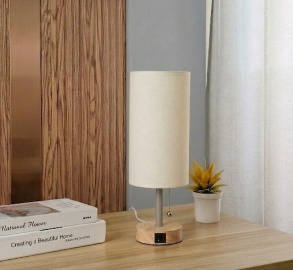 Brilagi - Stolová lampa s USB portom TABLON 1xE27/25W/230V dub/béžová/krémová