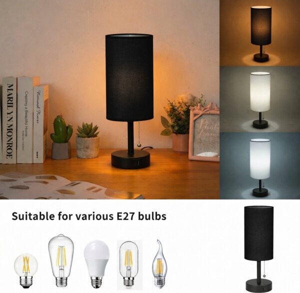 Brilagi - Stolná lampa s USB portom TABLON 1xE27/25W/230V čierna
