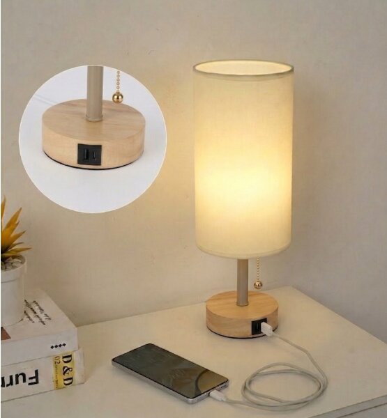Brilagi - Stolová lampa s USB portom TABLON 1xE27/25W/230V dub/béžová/krémová