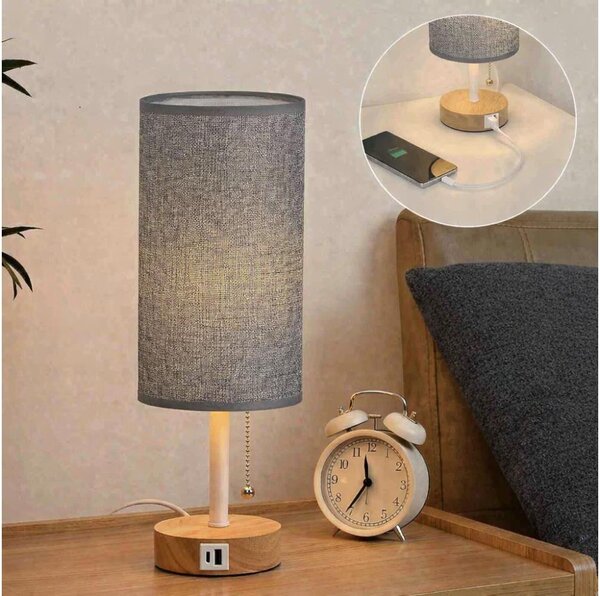 Brilagi - Stolná lampa s USB portom TABLON 1xE27/25W/230V dub/biela/šedá