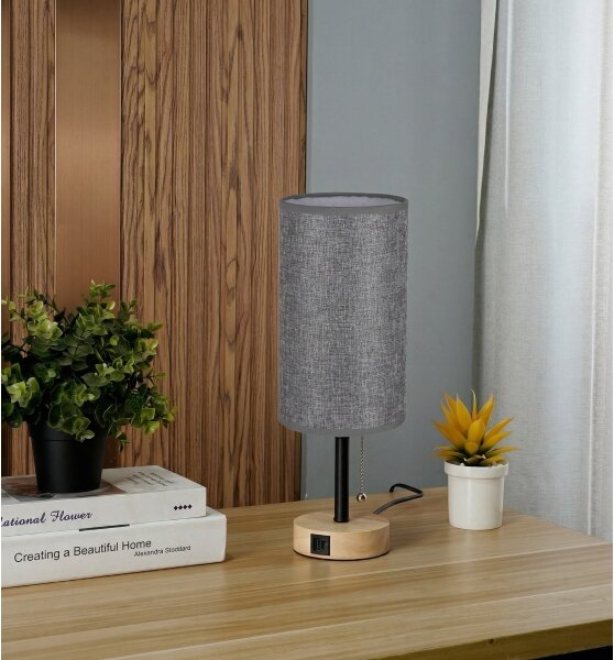 Brilagi - Stolná lampa s USB portom TABLON 1xE27/25W/230V dub/čierna/sivá