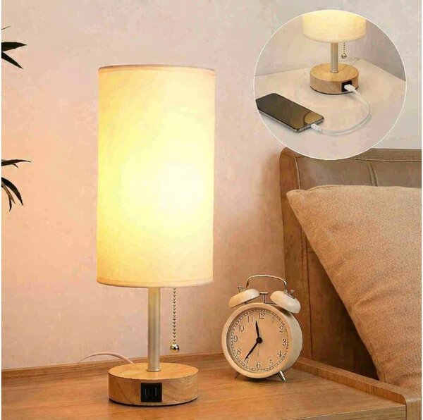 Brilagi - Stolová lampa s USB portom TABLON 1xE27/25W/230V dub/béžová/krémová