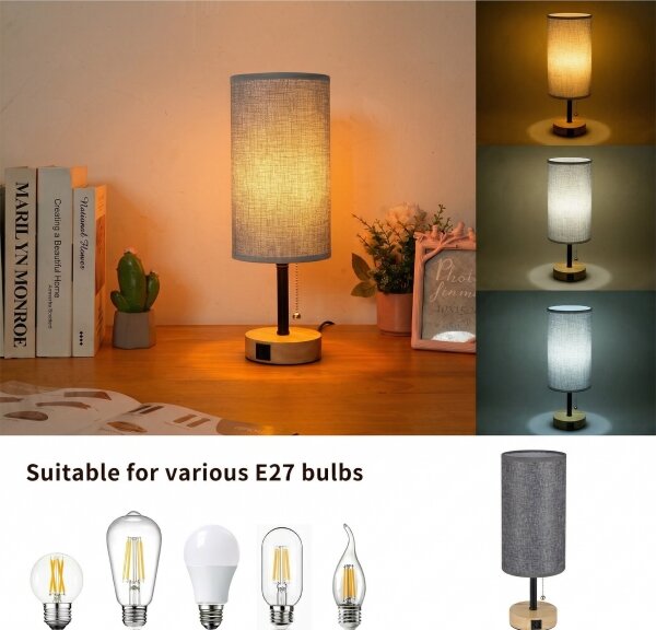 Brilagi - Stolná lampa s USB portom TABLON 1xE27/25W/230V dub/čierna/sivá