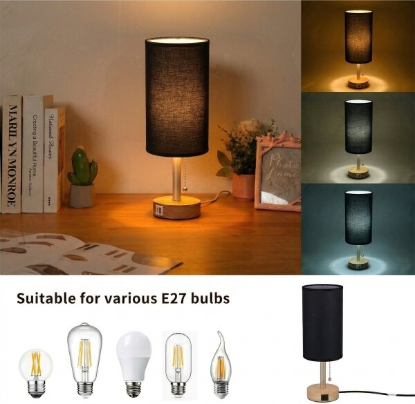 Brilagi - Stolová lampa s USB portom TABLON 1xE27/25W/230V dub/béžová/čierna