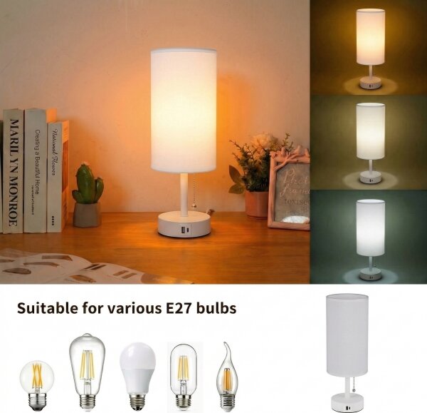 Brilagi - Stolná lampa TABLON s USB portom 1xE27/25W/230V, biela