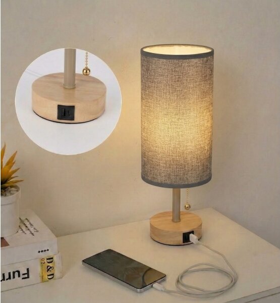 Brilagi - Stolná lampa s USB portom TABLON 1xE27/25W/230V dub/béžová/sivá